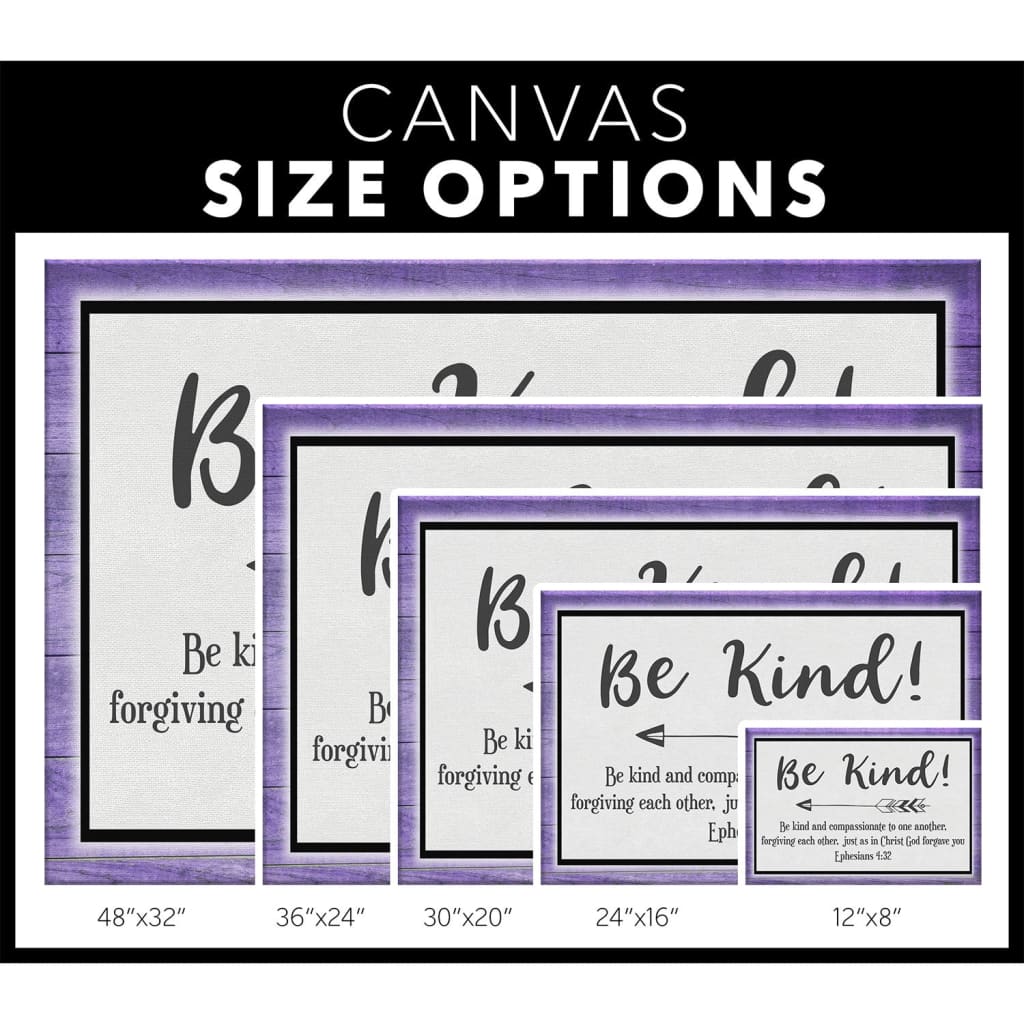 Beautiful wall art canvas with Ephesians 4:32, "Be Kind and Compassionate to One Another," adorned with a vibrant purple border / size options.
