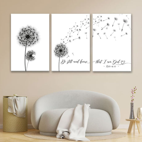 Christian wall art: Be Still And Know That I Am God, Psalm 46:10 Bible verse, 3-panel canvas wall decor.