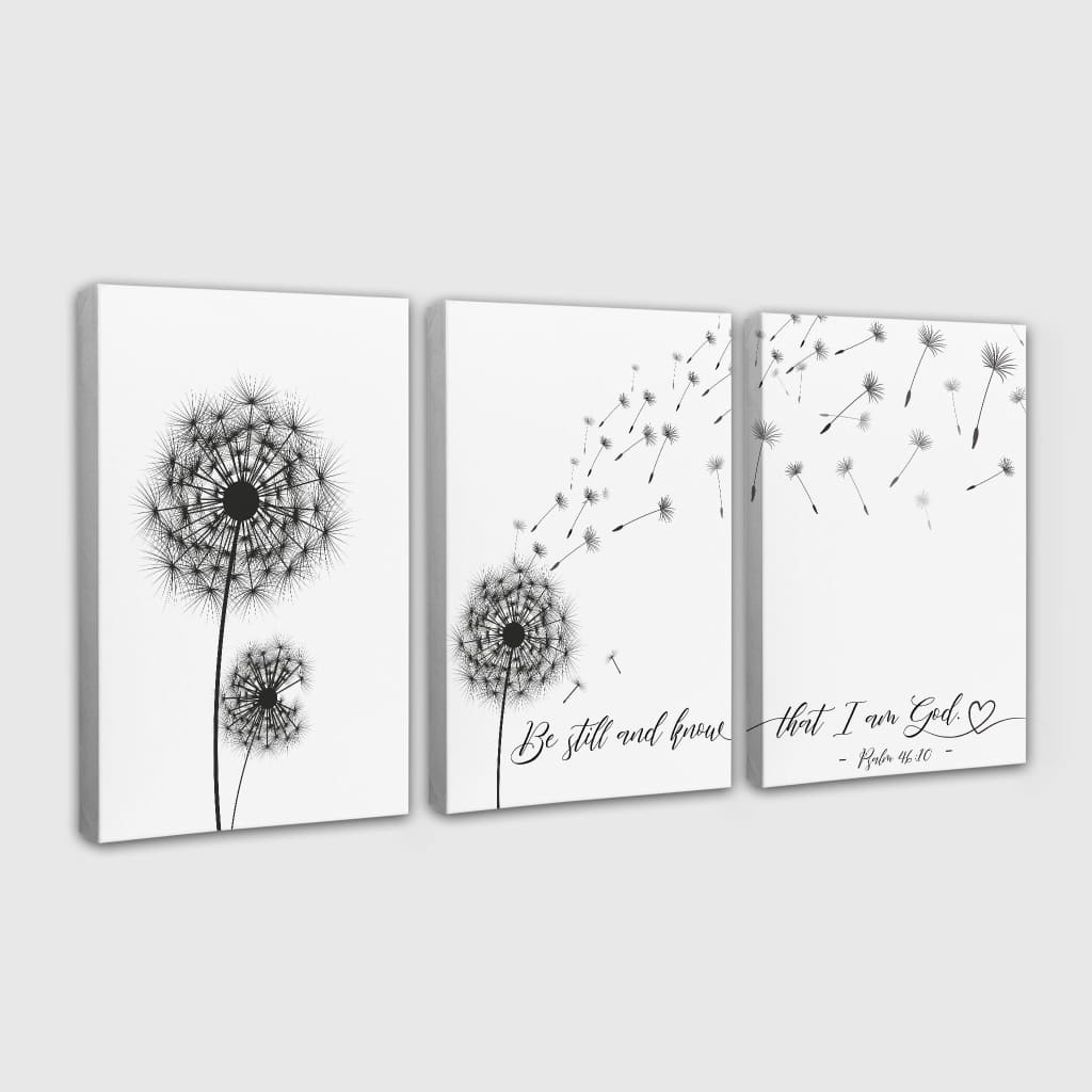Psalm 46:10 Bible verse wall art: Be Still And Know That I Am God, 3-panel Christian wall art canvas.