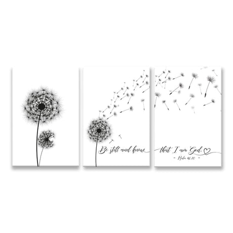 Inspirational Christian wall art: Be Still And Know That I Am God, Psalm 46:10, 3-panel canvas print.