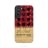 Be still and know that I am God red black buffalo plaid Christmas phone case Samsung Galaxy S22 Plus / Tough