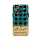 Be still and know that I am God teal black buffalo plaid Christmas phone case iPhone 14 Plus / Tough
