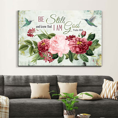 Faith-based canvas wall art with Psalm 46:10, "Be Still and Know That I Am God," and vintage hummingbird and flower illustration, great for Christian homes.