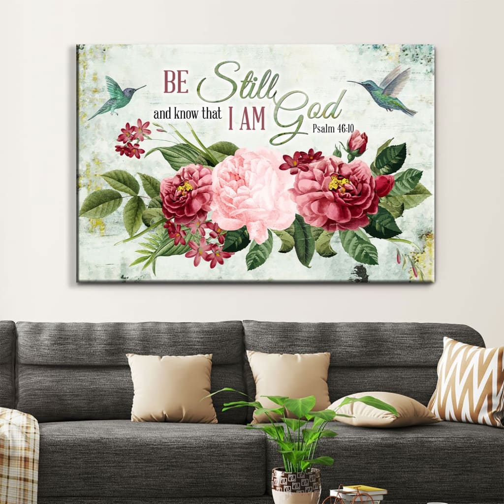 Faith-based canvas wall art with Psalm 46:10, &quot;Be Still and Know That I Am God,&quot; and vintage hummingbird and flower illustration, great for Christian homes.
