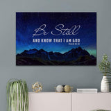 Be still and know that I am God wall art canvas, Psalm 46:10 with mountain and stars, Christian Bible verse decor.
