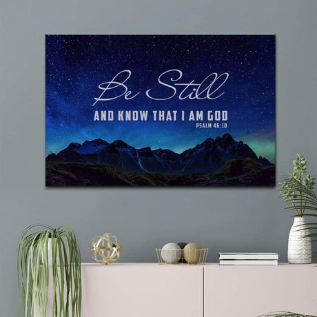 Be still and know that I am God wall art canvas, Psalm 46:10 with mountain and stars, Christian Bible verse decor.