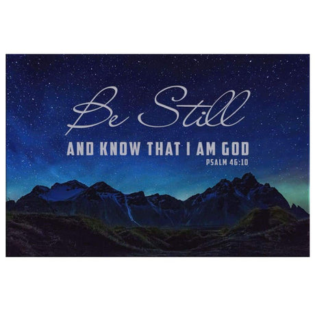Bible verse wall art with "Be still and know that I am God" Psalm 46:10, mountain and starry sky, Christian home decor.