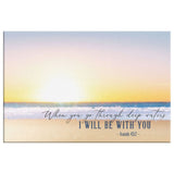 Christian wall art canvas: Isaiah 43:2, When You Go Through Deep Waters, serene beach sunset.