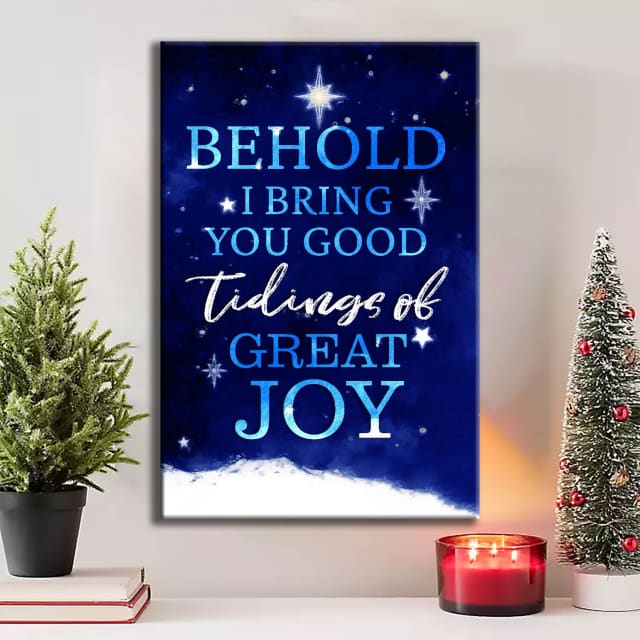 Christian Christmas wall art featuring "Behold I Bring You Good Tidings Of Great Joy" with a starry sky scene, perfect holiday decor.