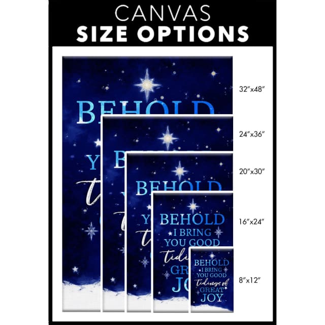 Religious Christmas wall art canvas with "Behold I Bring You Good Tidings Of Great Joy" and a starry sky, perfect for faith-filled seasonal decor.