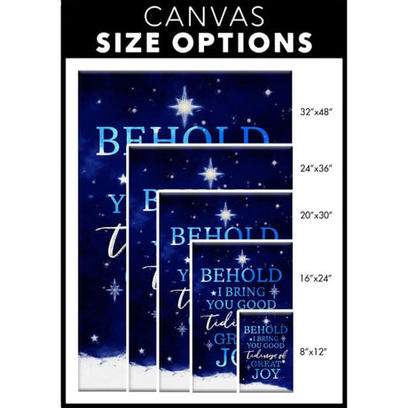Religious Christmas wall art canvas with "Behold I Bring You Good Tidings Of Great Joy" and a starry sky, perfect for faith-filled seasonal decor.