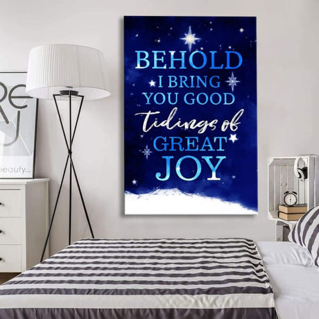 Inspirational Christmas canvas print with "Behold I Bring You Good Tidings Of Great Joy" and a starry sky, ideal Christian home decor.