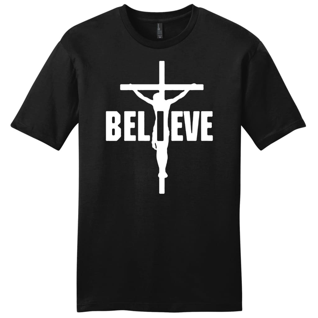 Believe Jesus on the cross mens Christian t-shirt Black / S