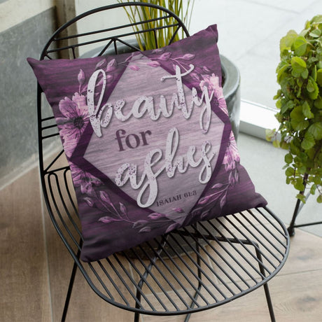 Bible verse pillows: Isaiah 61:3 Beauty for ashes throw pillow Canvas / 20 × 20 / Purple