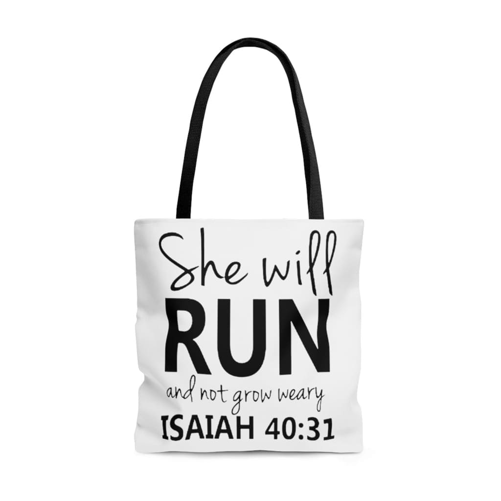 Bible verse tote bag: Isaiah 40:31 She will run and not grow weary tote bag 13 x 13