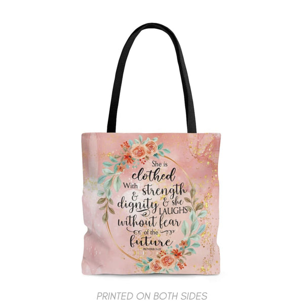 Bible Verse Tote Bag: She Is Clothed in Strength and Dignity Tote Bag ...