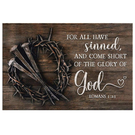 Inspirational canvas print with Romans 3:23 KJV, "For All Have Sinned," ideal Christian wall art for homes.