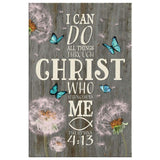 Bible verse wall art decor with "I Can Do All Things Through Christ" and dandelion butterfly on gray wood, ideal for Christian homes.