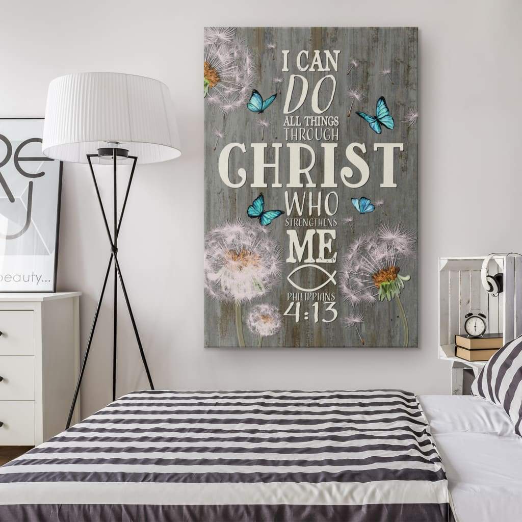 Inspirational wall art featuring "I Can Do All Things Through Christ," dandelion butterfly design, perfect Christian decor.