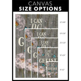 Christian wall decor with the Bible verse "I Can Do All Things Through Christ" and dandelion butterfly on a gray wooden background.