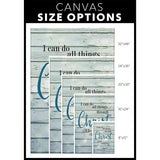 Christian home decor featuring Philippians 4:13, "I Can Do All Things Through Christ," on a wooden background / size options
