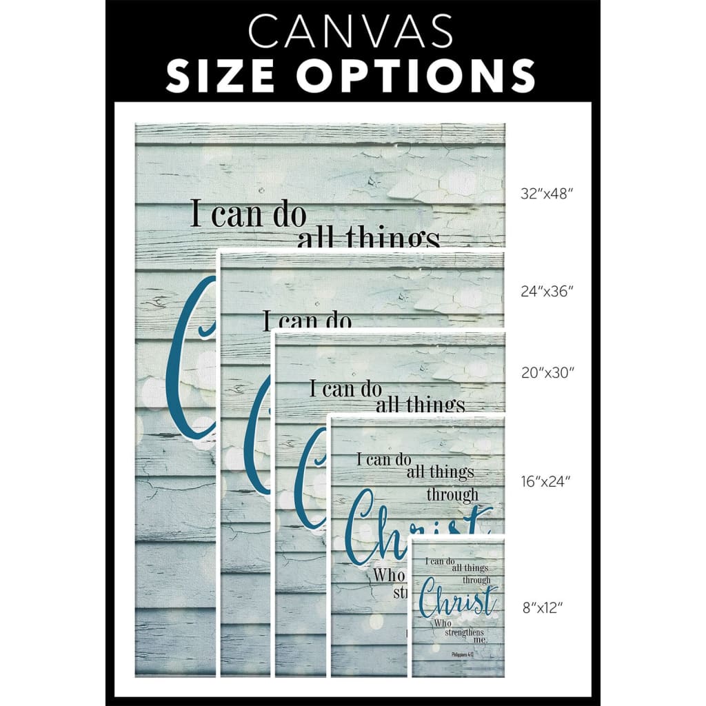 Christian home decor featuring Philippians 4:13, "I Can Do All Things Through Christ," on a wooden background / size options