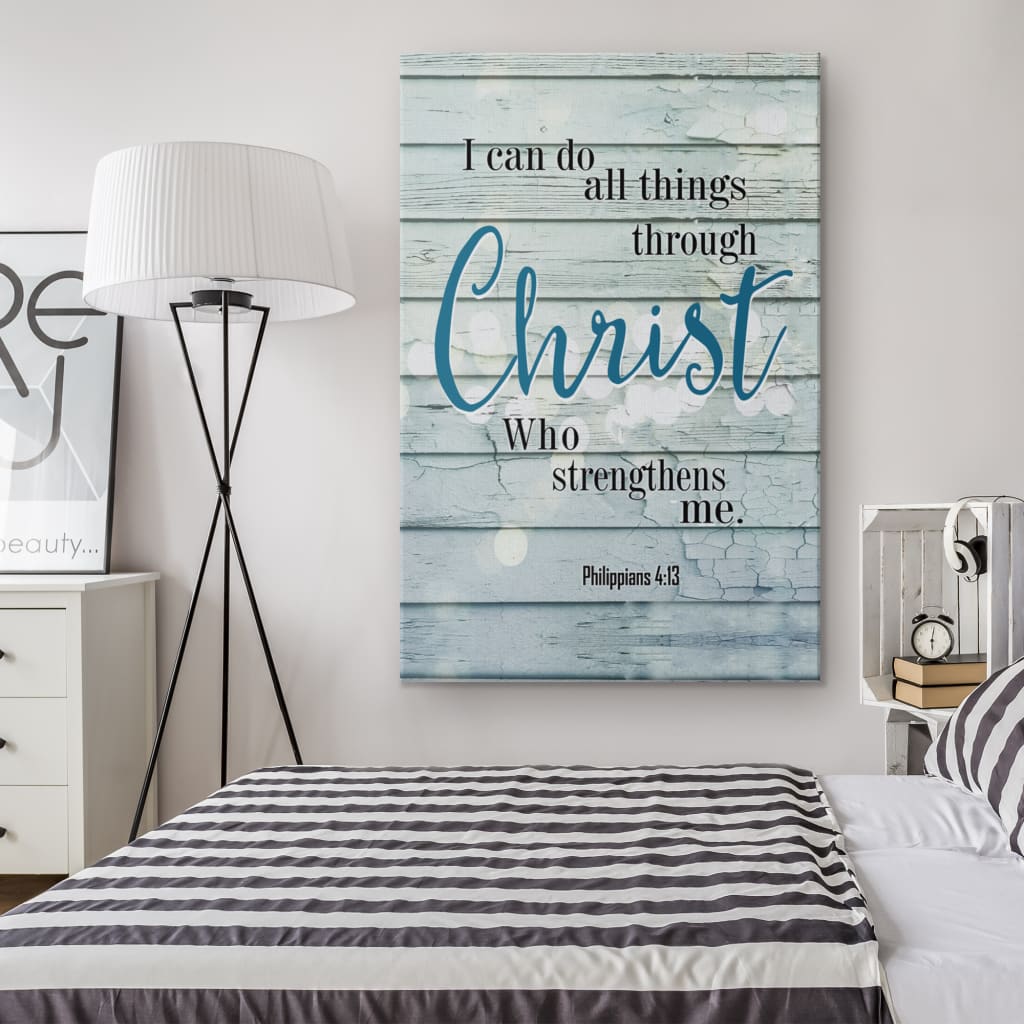 Inspirational wall art featuring Philippians 4:13, "I Can Do All Things Through Christ," with a wooden background, ideal Christian decor.