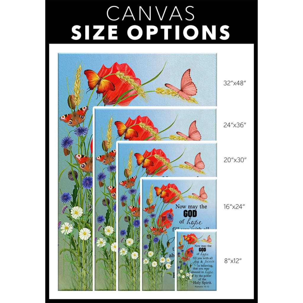 Faith-based wall art displaying Romans 15:13, "May the God of Hope Fill You," with a butterfly and flowers, great for Christian homes.