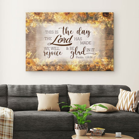 Faith-based wall art canvas print with Psalm 118:24, "This Is The Day The Lord Has Made," great religious decor for Thanksgiving.
