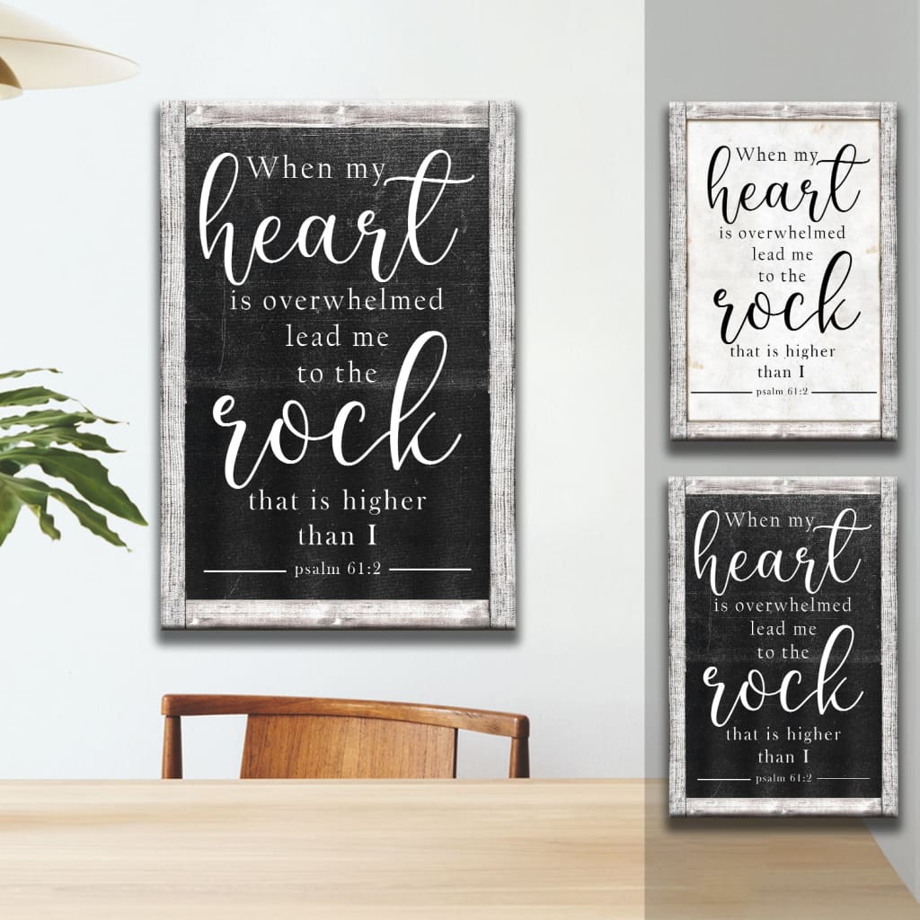 Bible verse wall art canvas with Psalm 61:2 KJV, "When My Heart Is Overwhelmed," perfect for faith-based gifts.