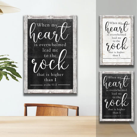 Bible verse wall art canvas with Psalm 61:2 KJV, "When My Heart Is Overwhelmed," perfect for faith-based gifts.