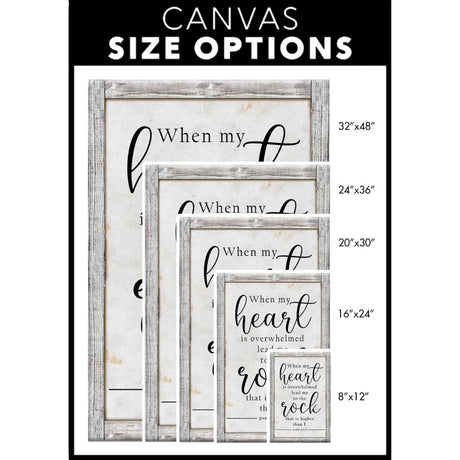 Inspirational Christian wall art with Psalm 61:2 KJV, "When My Heart Is Overwhelmed," perfect for gifting and home decoration / canvas size options.