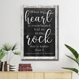 Bible verse wall art featuring Psalm 61:2 KJV, "When My Heart Is Overwhelmed," ideal Christian gift for believers / Black.