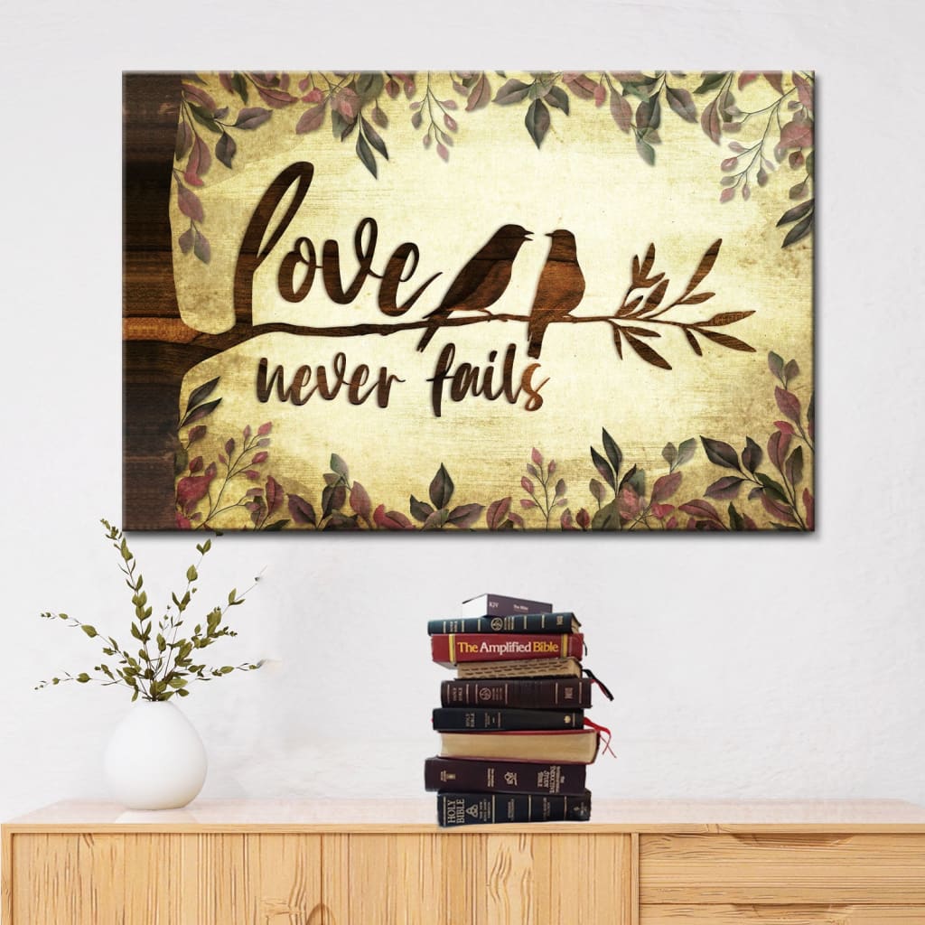 &quot;Love Never Fails&quot; Christian wall art canvas with bird couples design and Brown color background.