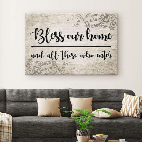 Christian canvas wall art featuring "Bless our home and all those who enter," ideal for Christian home decor and gifts.
