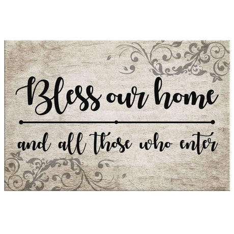 Faith-based welcome wall art with "Bless our home and all those who enter," perfect for adding inspiration to Christian homes.