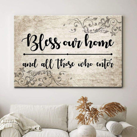 Christian wall art canvas with "Bless our home and all those who enter," perfect welcome decor for faith-based homes.