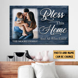 Personalized "Bless This Home and All Who Enter" Christian wall art canvas with custom family name and photo.