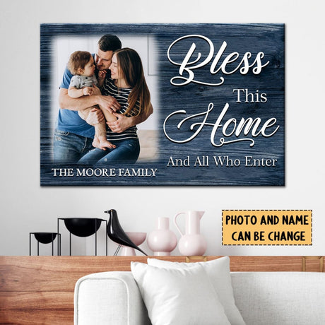 Personalized "Bless This Home and All Who Enter" Christian wall art canvas with custom family name and photo.