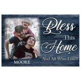 Christian wall art canvas featuring "Bless This Home and All Who Enter" with personalized family name and photo.