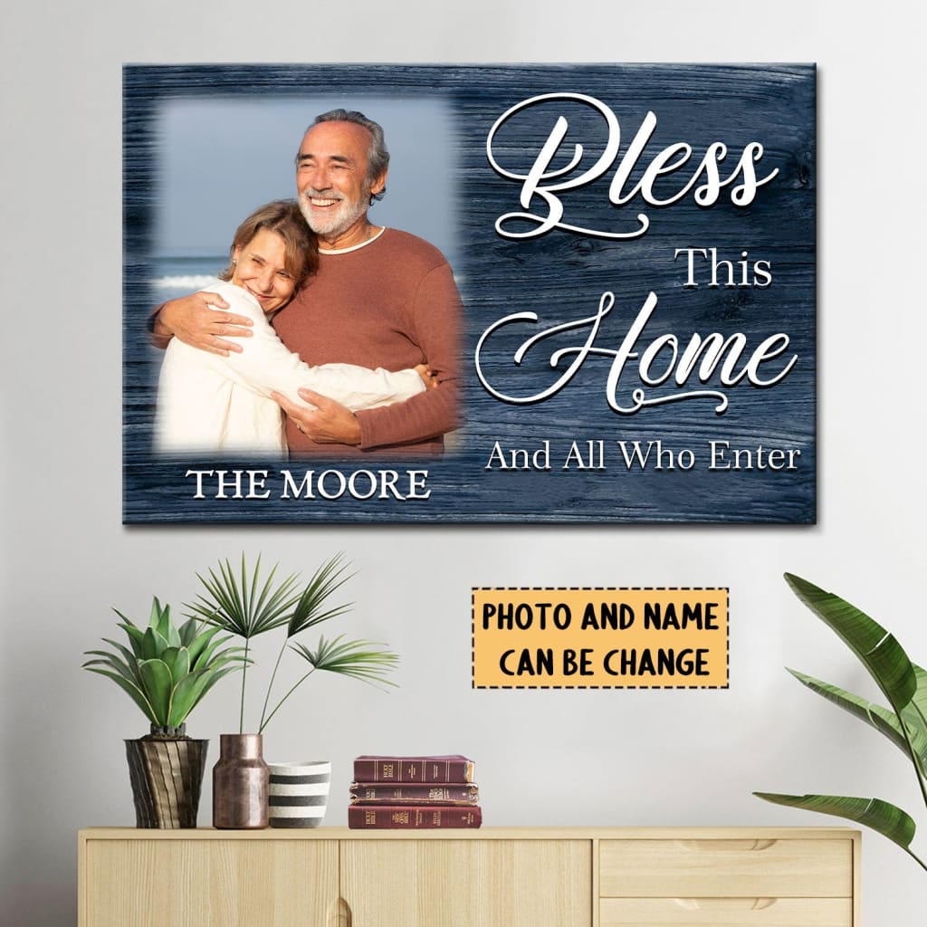 Custom family name and photo Christian wall art canvas with "Bless This Home and All Who Enter" message.