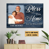 Custom family name and photo Christian wall art canvas with "Bless This Home and All Who Enter" message.