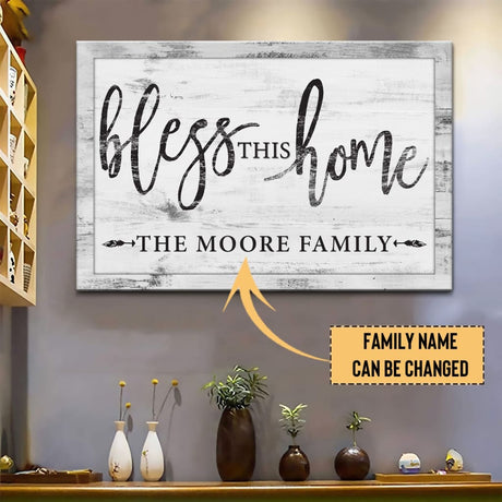 Personalized "Bless This Home" Christian wall art canvas with family name, rustic design, perfect for home decor.