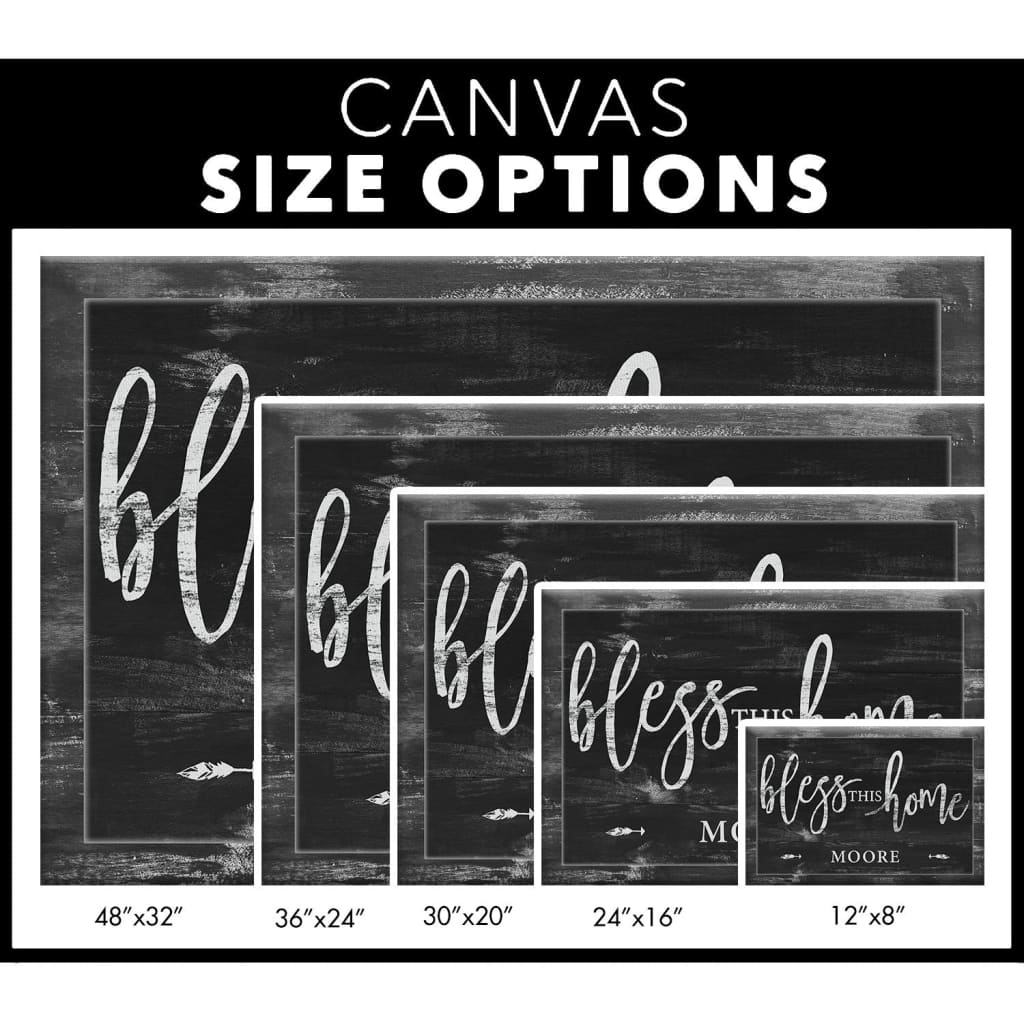 Faith-based "Bless This Home" canvas with rustic design and custom family name, ideal for living rooms / canvas size options.