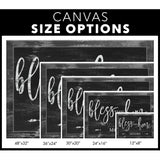 Faith-based "Bless This Home" canvas with rustic design and custom family name, ideal for living rooms / canvas size options.