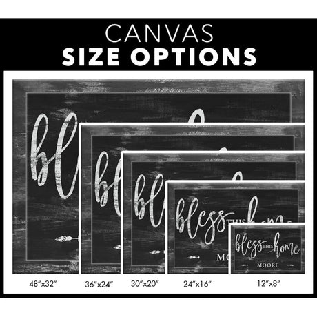 Faith-based "Bless This Home" canvas with rustic design and custom family name, ideal for living rooms / canvas size options.
