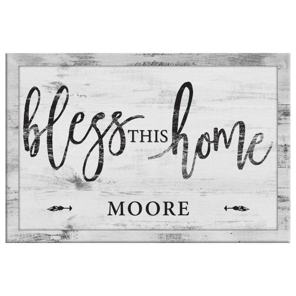 "Bless This Home" personalized Christian wall art, customizable with family name, perfect housewarming gift.