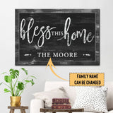 Rustic "Bless This Home" personalized canvas featuring your family name, ideal for Christian home entryways or kitchens.