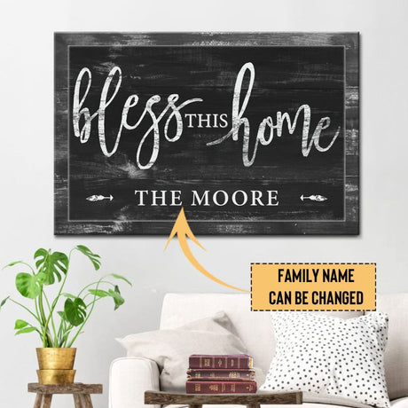 Rustic "Bless This Home" personalized canvas featuring your family name, ideal for Christian home entryways or kitchens.