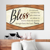 "Bless Us Oh Lord" grace prayer wall art with Brown wooden border, ideal Christian decor for dining area.